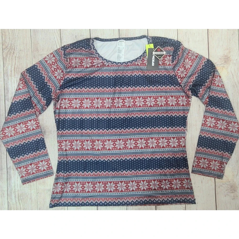 TSLA Overheat Base Layer Shirt Women's Adults XL Navy Blue Red Snowflake Stretch